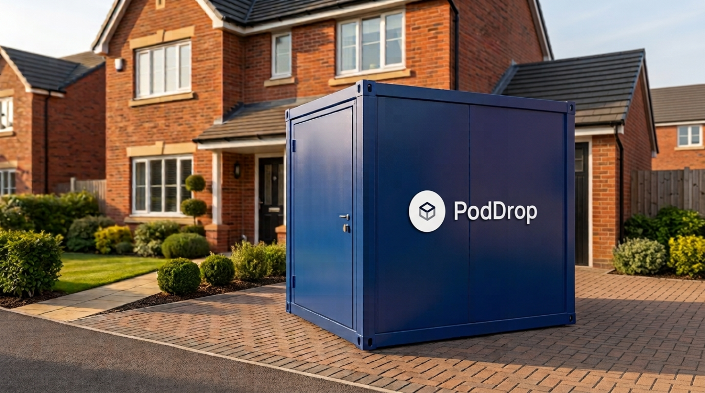 A PodDrop storage pod delivered to a UK driveway