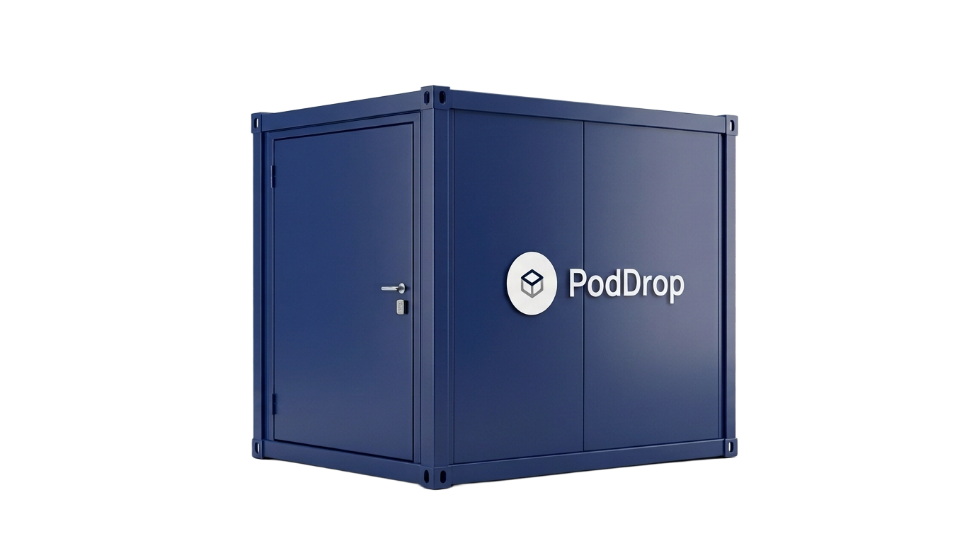 A PodDrop storage pod, matte navy with teal detail